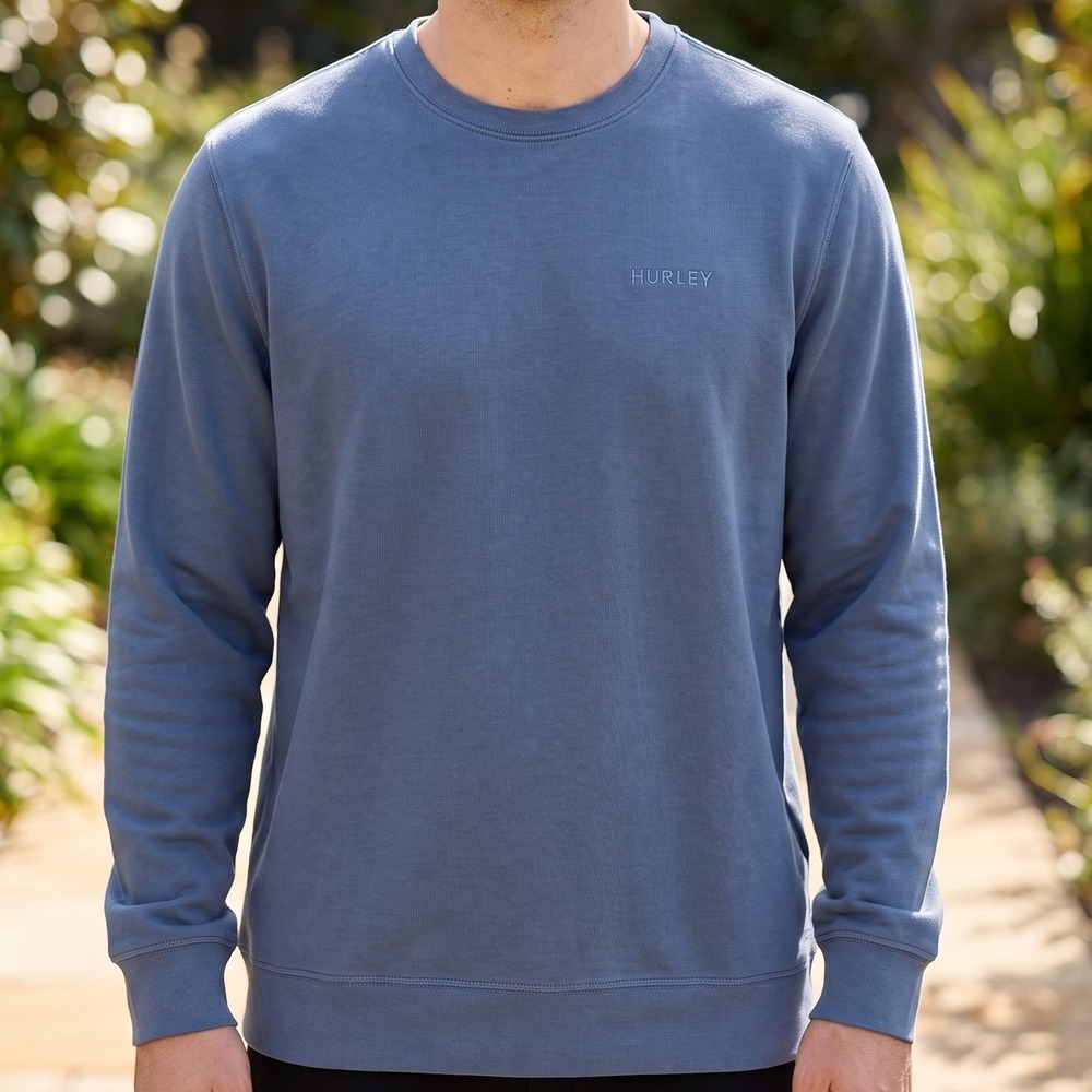 Hurley Mens Waffle Knit Crewneck Sweatshirt Slate Blue Embroidered Logo Pullover